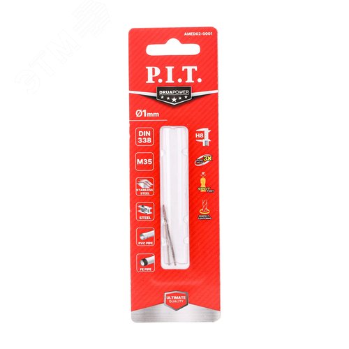 Изображение товара Сверло по металлу кобальтовое с титановым покрытием P.I.T. 1,0x34мм, М35, Со5%, 135° (AMED02-0001) (шт)