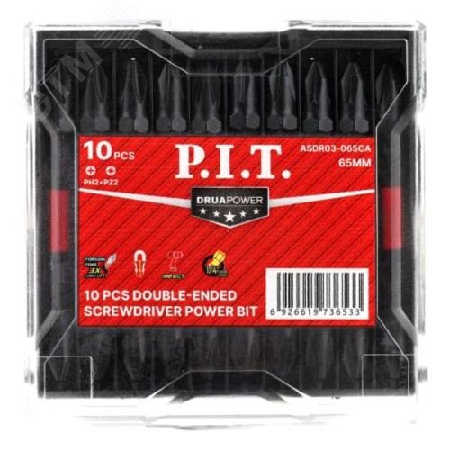 Изображение товара Бита ударная двусторонняя магнитная P.I.T. PH2-PZ2x65мм, IMPACT, торсион, 10 шт, кейс (ASDR03-065CA) (шт)