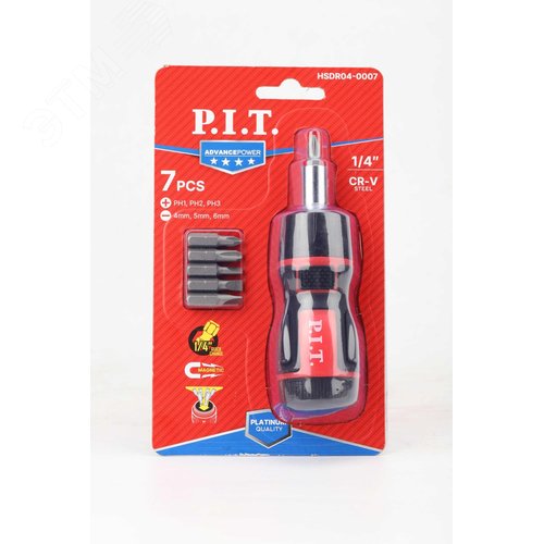 Изображение товара Набор бит с рукояткой P.I.T. ADVANCE HSDR04-0007 (7шт, рукоятка с трещоткой, биты 6 шт., блистер) (шт)