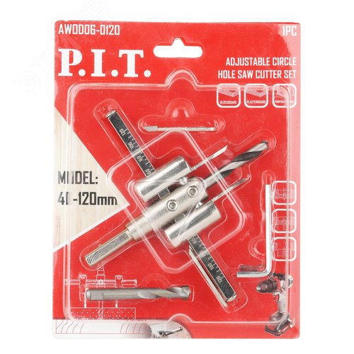 Изображение товара "Сверло по дереву регулируемое ""Балеринка"" P.I.T. 40-120 мм, 2 центр. сверла, ключ (AWOD06-0120)" (шт)