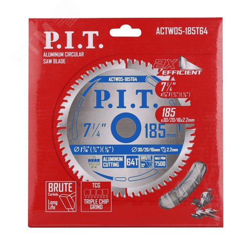 Изображение товара Диск пильный по алюминию P.I.T. 185x30/20/16x2 мм 64T, тип зуба TCG (ACTW05-185T64) (шт)