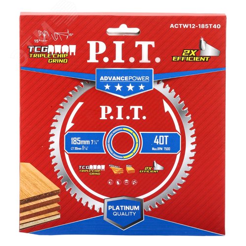 Изображение товара Диск пильный по дереву P.I.T. ADVANCE 185x30x2.0 мм, 40T Carbide, зуб TCG 15° (ACTW12-185T40) (шт)