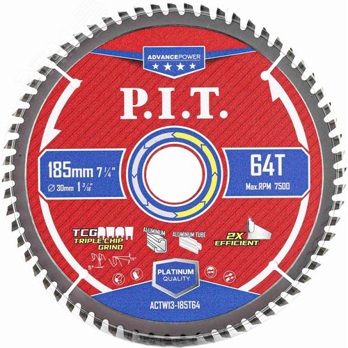 Изображение товара Диск пильный по алюминию P.I.T. ADVANCE 185x30x2.0 мм, 64T Carbide, зуб TCG 5° (ACTW13-185T64) (шт)
