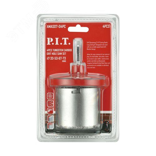 Изображение товара Набор карбидных коронок по стеклу и керамике P.I.T. 4 шт, 33/53/67/73x58 мм, адаптер (AMAS07-04PC) (шт)