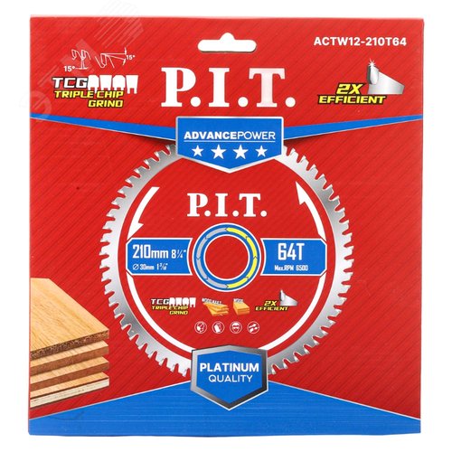 Изображение товара Диск пильный по дереву P.I.T. ADVANCE 210x30x2,2 мм, 64T Carbide, зуб TCG 15° (ACTW12-210T64) (шт)