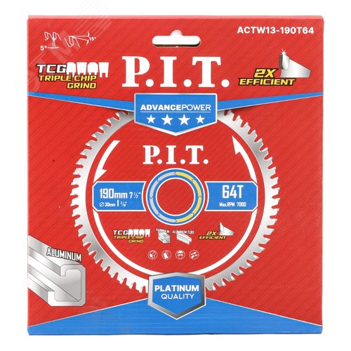 Изображение товара Диск пильный по алюминию P.I.T. ADVANCE 190x30x2.0 мм, 64T Carbide, зуб TCG 5° (ACTW13-190T64) (шт)