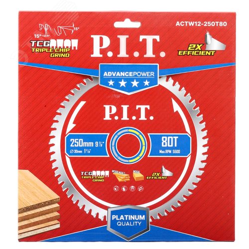 Изображение товара Диск пильный по дереву P.I.T. ADVANCE 250x30x2,4 мм, 80T Carbide, зуб TCG 15° (ACTW12-250T80) (шт)