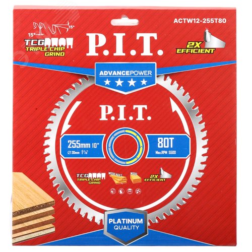 Изображение товара Диск пильный по дереву P.I.T. ADVANCE 255x30x2,4 мм, 80T Carbide, зуб TCG 15° (ACTW12-255T80) (шт)