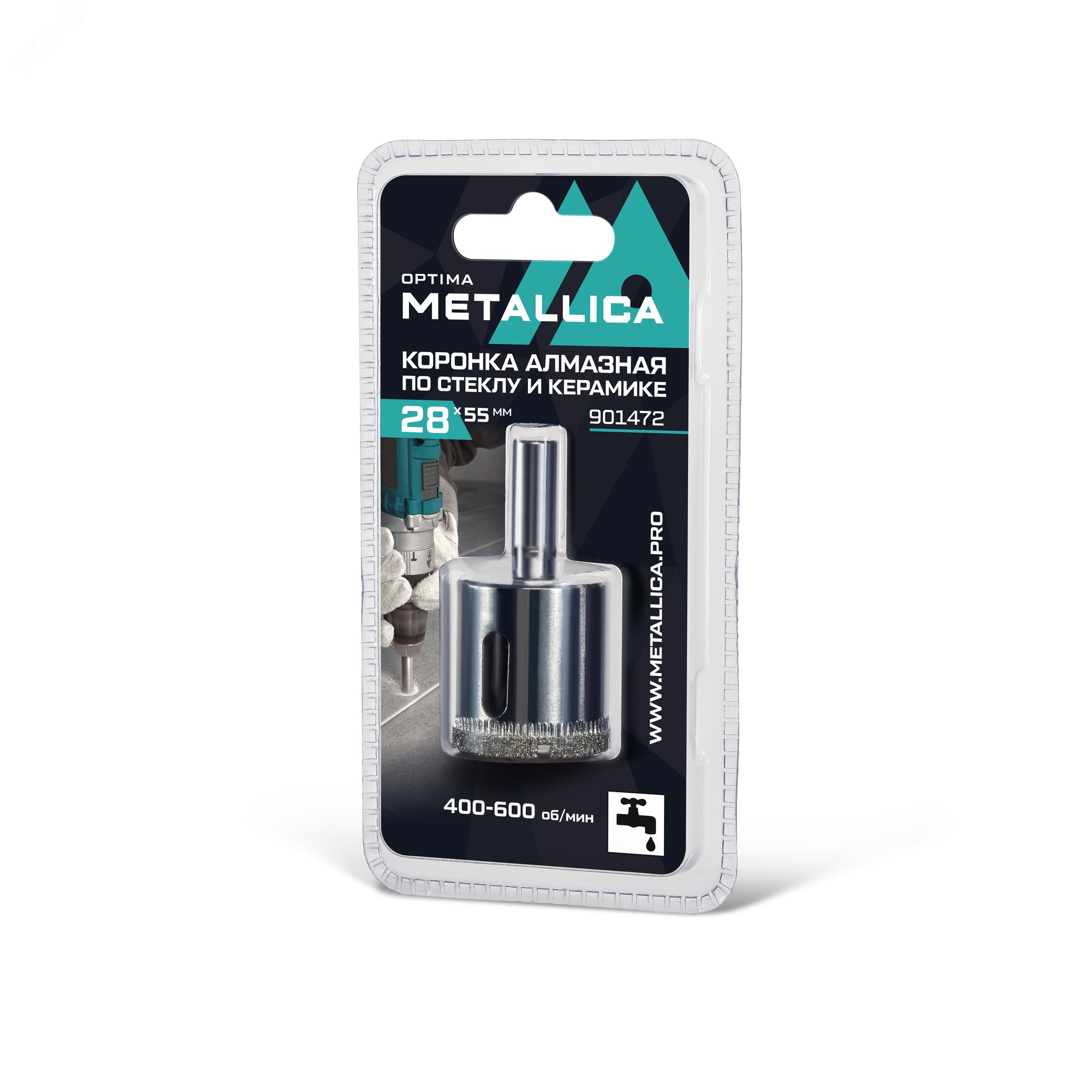 Изображение товара Коронка алмазная 28x55 мм, #80, по стеклу, плитке, 1 шт, в блистере. (шт)