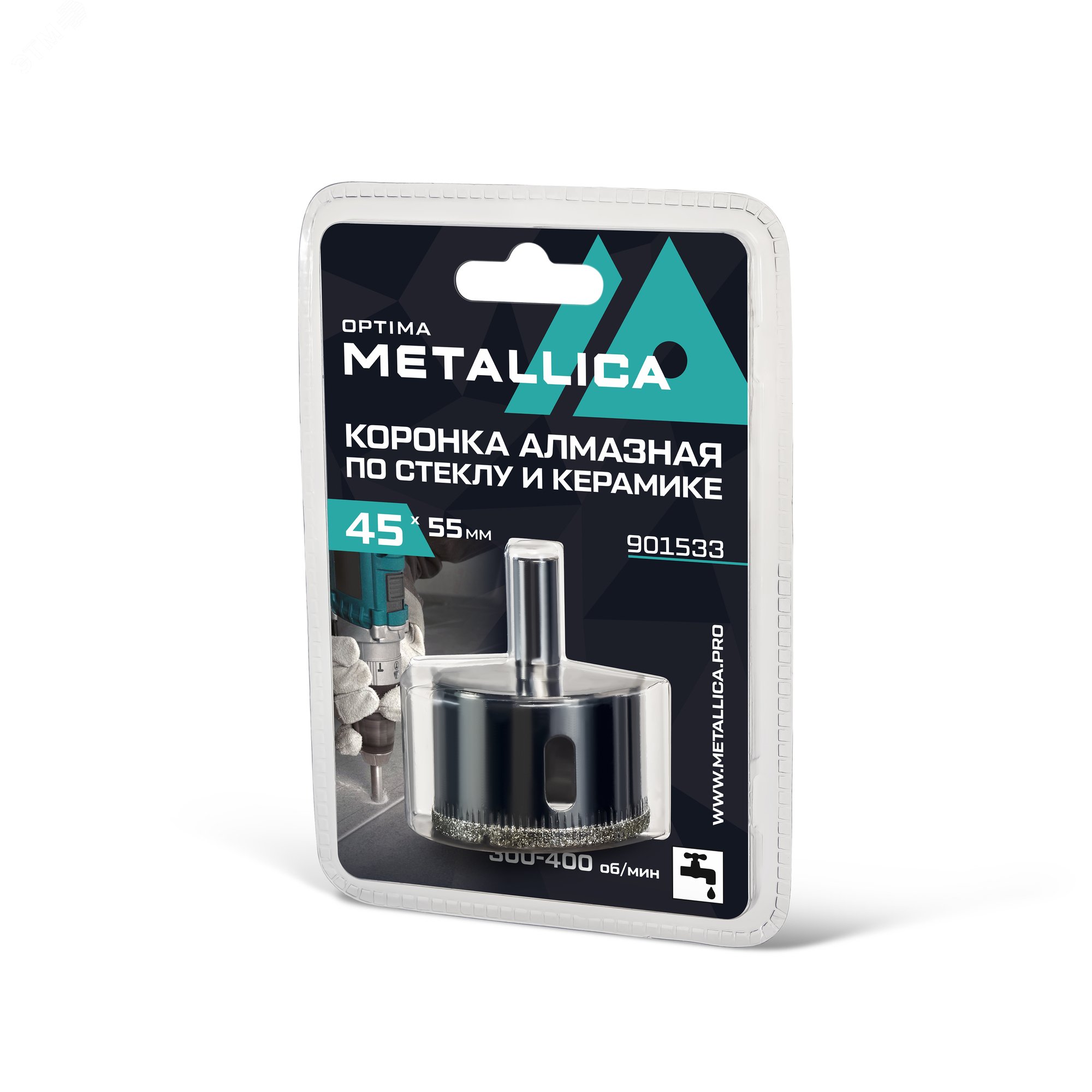 Изображение товара Коронка алмазная 55x55 мм, #80, по стеклу, плитке, 1 шт, в блистере. (шт)