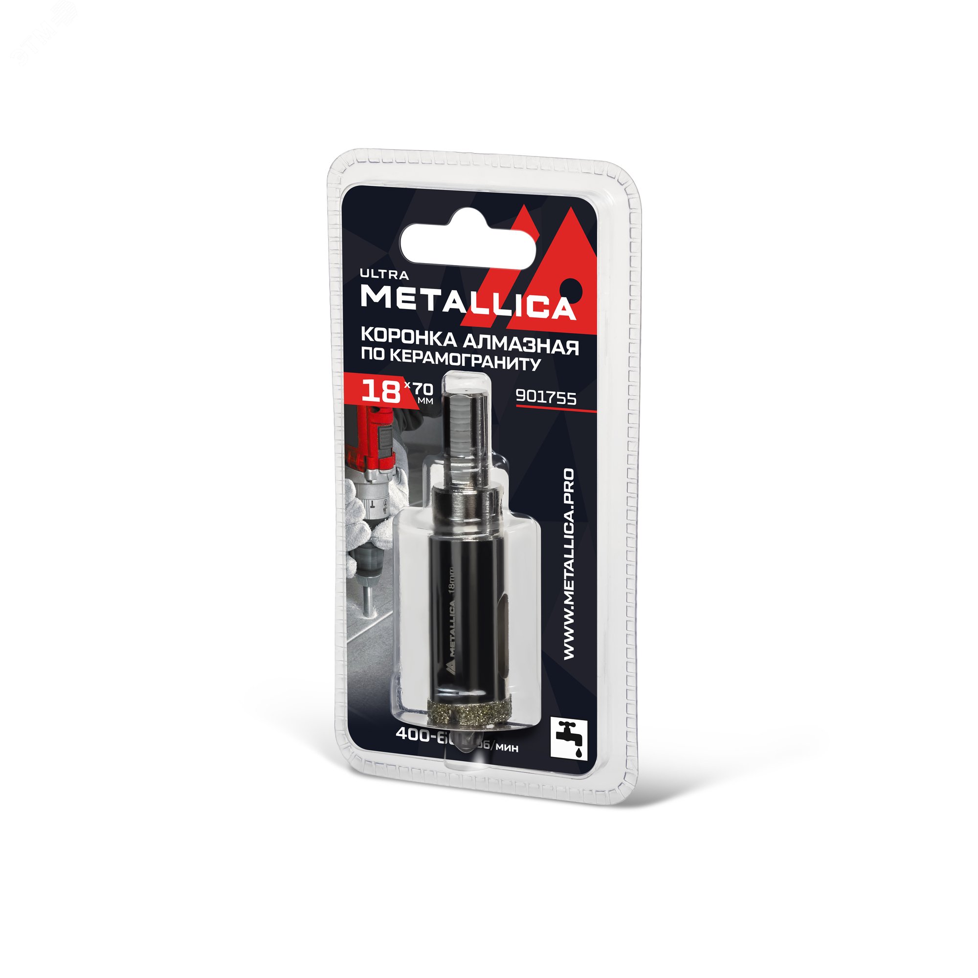 Изображение товара Коронка алмазная 18х70 мм, #46, с сверлом, по керамограниту, плитке, в блистере. (шт)