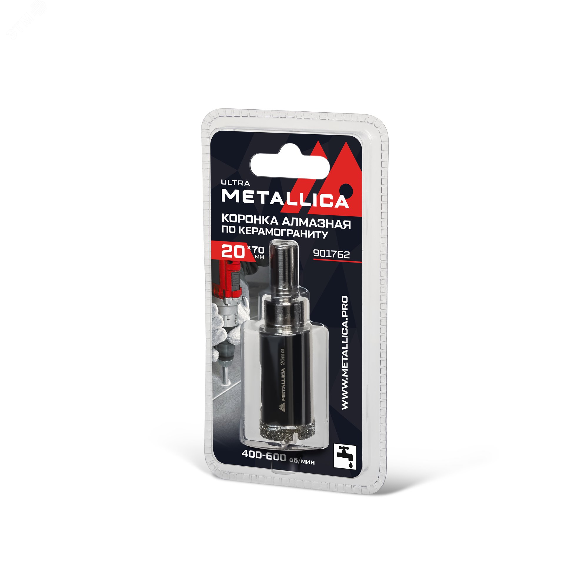 Изображение товара Коронка алмазная 20х70 мм, #46, с сверлом, по керамограниту, плитке, в блистере. (шт)