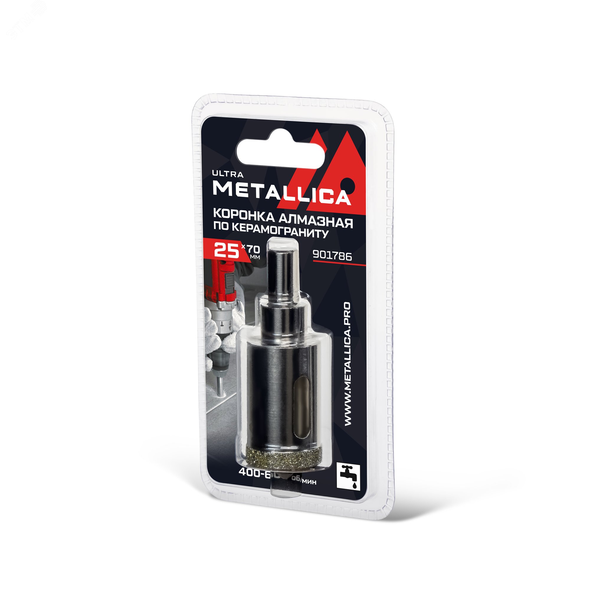 Изображение товара Коронка алмазная 25х70 мм, #46, с сверлом, по керамограниту, плитке, в блистере. (шт)