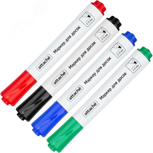 Изображение товара Набор маркеров для белых досок Attache мокрого стирания 4 цвета (толщина линии 2-5 мм) круглый наконечник (набор)