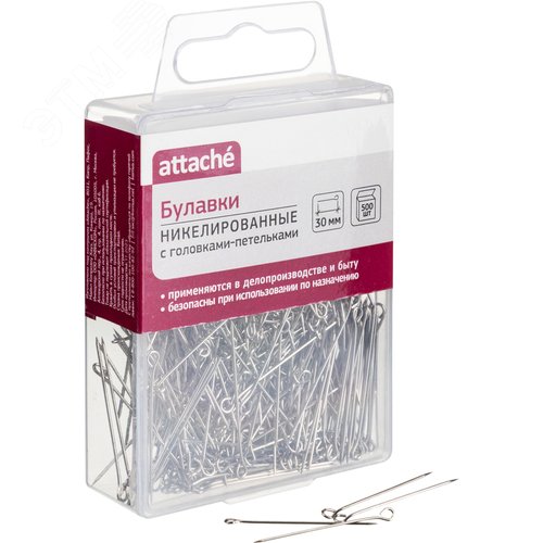 Изображение товара Булавки Attache металлические с головками-петельками 30 мм (500 штук в упаковке) (упак)