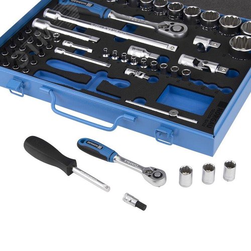 Изображение товара Набор двенадцатигранных торцевых головок с аксессуарами 1/2 -1/4 дюйм, 58 предметов, ND192058 (шт)