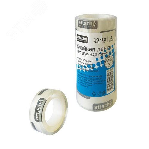 Изображение товара Клейкая лента канцелярская Attache Selection прозрачная 19 мм x 10 м (4 штуки в упаковке) (упак)