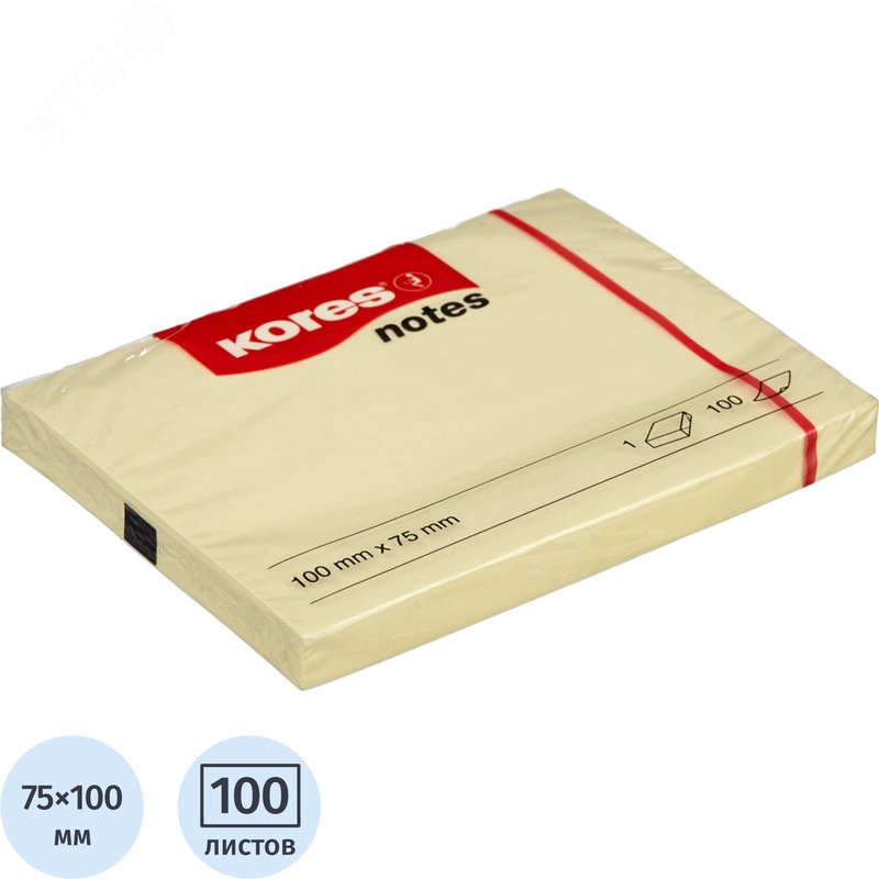 Изображение товара Стикеры Kores 100x75 мм пастельные желтые (1 блок на 100 листов) (шт)