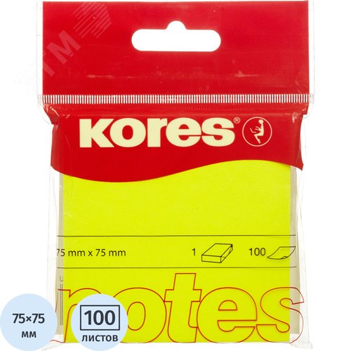 Изображение товара Стикеры Kores 75x75 мм неоновые желтые (1 блок на 100 листов) (шт)