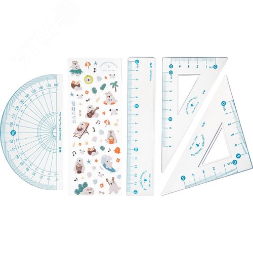 Изображение товара Набор чертёжный M&G Summer прозрачный (линейка, транспортир, 2 треугольника) (шт)