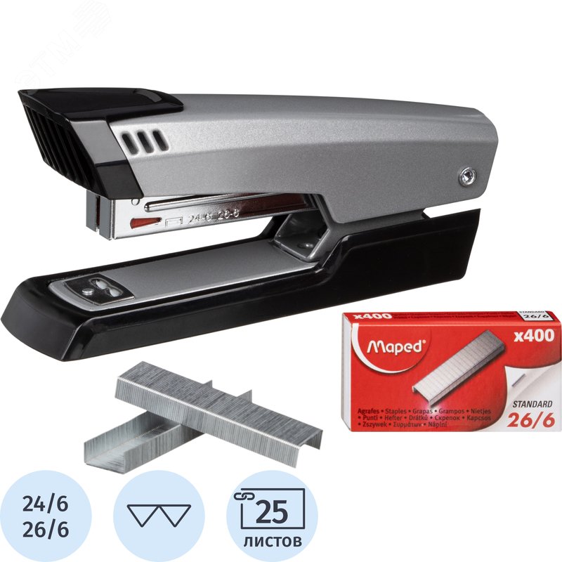 Изображение товара Степлер Maped Universal Metal до 25 листов серебристый/черный (скобы № 24/6, 26/6, скобы в комплекте 400 штук) (шт)