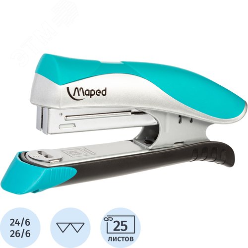 Изображение товара Степлер Maped Ergologic 352513 до 25 листов бирюзовый (скобы № 24/6, 26/6) (шт)