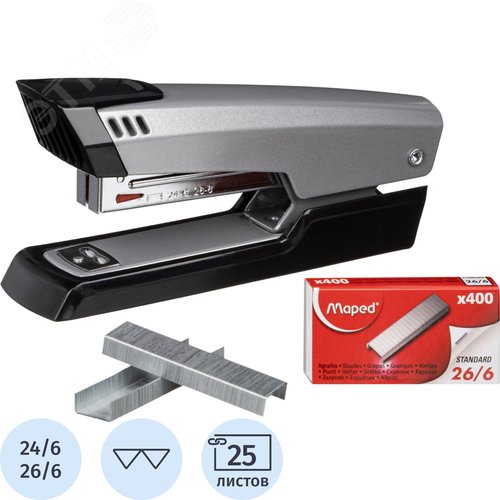 Изображение товара Степлер Maped Universal Metal до 25 листов серебристый/черный (скобы № 24/6, 26/6, скобы в комплекте 400 штук) (шт)