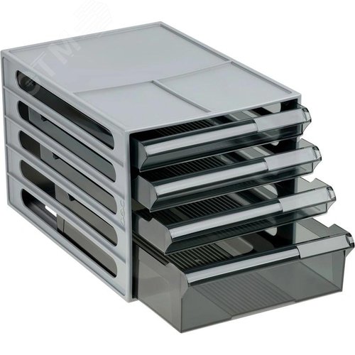 Изображение товара Бокс с выдвижными лотками Стамм 4 лотка серый корпус/черные тонированные лотки (шт)