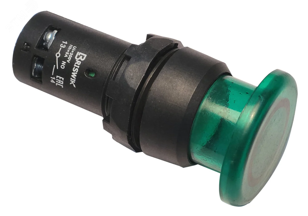 Изображение товара Выключатель грибовидный IP40 220В зеленый с индикатором Briswik EB2F-10D