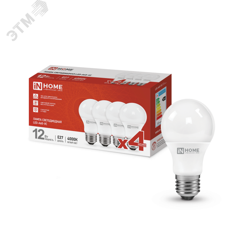 Изображение товара Лампа светодиодная LED-A60-VC 12Вт 230В E27 4000K 1140Лм 4шт IN HOME
