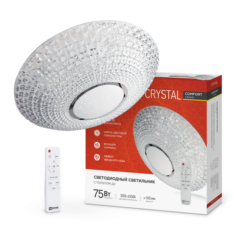 Светильник светодиодный COMFORT CRYSTAL 75Вт 230В 3000-6500K 6000Лм 500x115мм с пультом ДУ IN HOME