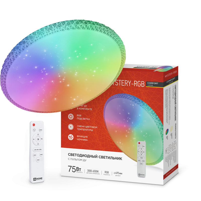 Светильник светодиодный COMFORT MYSTERY-RGB 75Вт 230В 3000-6500K 6000Лм 500x80мм с пультом ДУ IN HOME