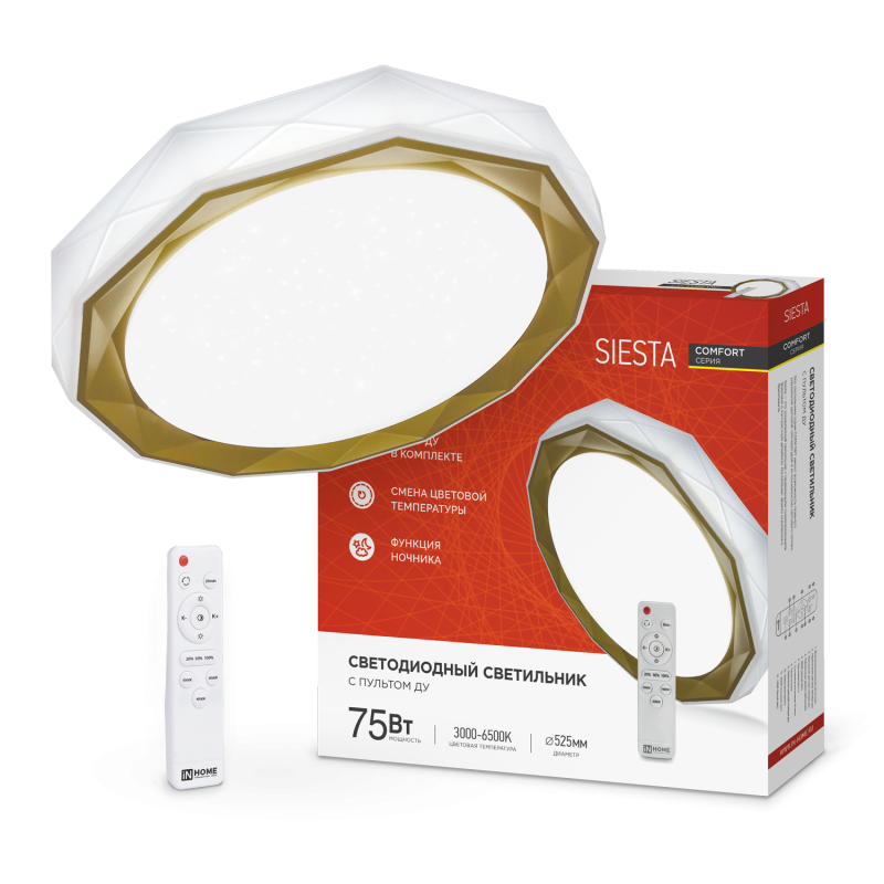 Светильник светодиодный COMFORT SIESTA 75Вт 230В 3000-6500K 6000Лм 520x90мм с пультом ДУ IN HOME