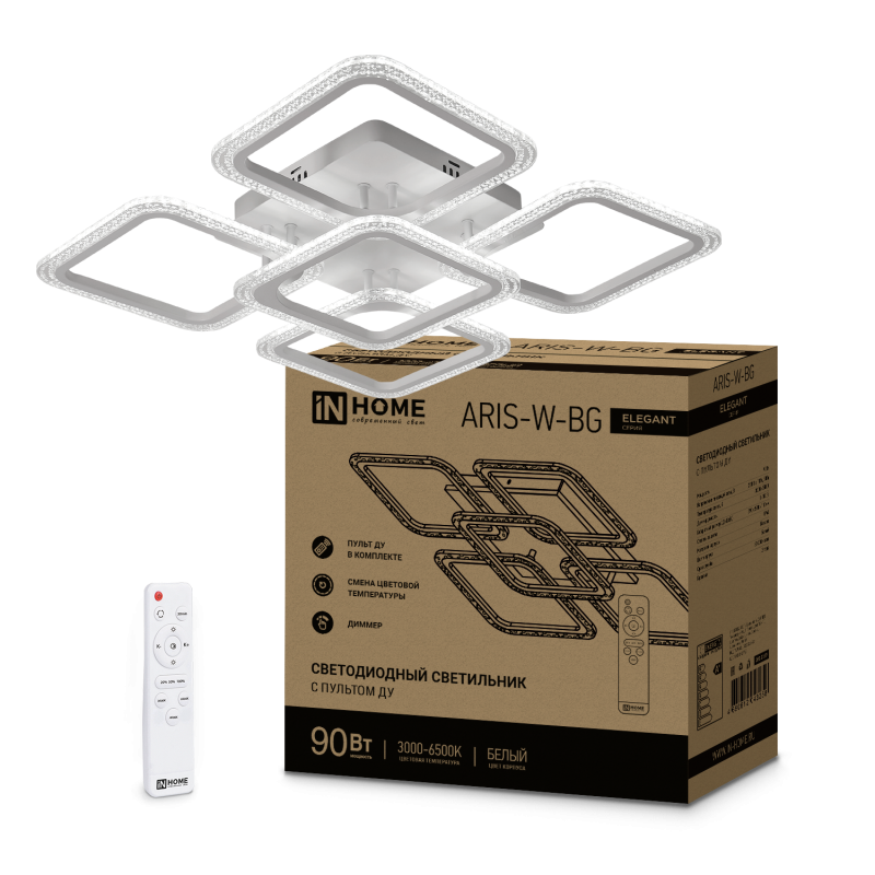 Светильник светодиодный ELEGANT ARIS-W-BG 90 Вт 230 В 3000-6500K 7000 Лм 557х557х115 мм пульт ДУ белый IN HOME