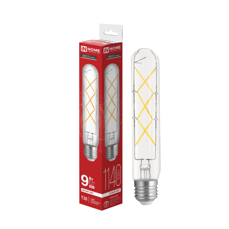 Лампа светодиодная LEDT30deco 9Вт 230В Е27 4000К 1140Лм 225мм прозрачная