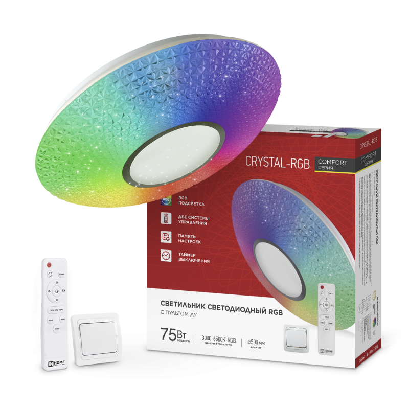 Светильник светодиодный COMFORT CRYSTAL-RGB 75Вт 230В 3000-6500K 6000Лм 500x115мм с пультом ДУ IN HOME
