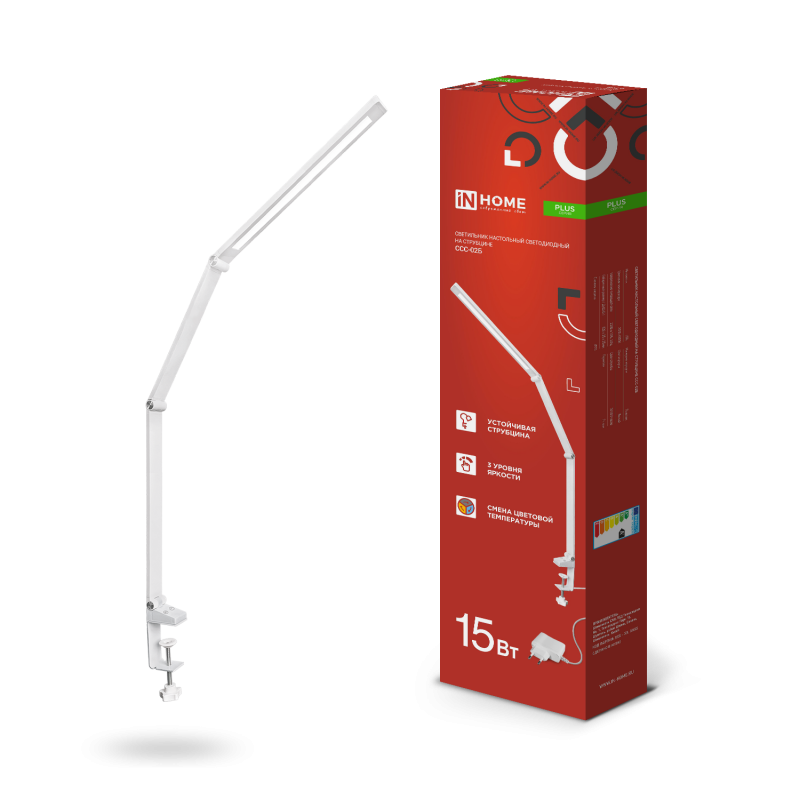 Светильник настольный светодиодный PLUS ССC-02Б 15 Вт 3000-6500К 600 Лм USB, с адаптером, струбцина БЕЛЫЙ IN HOME