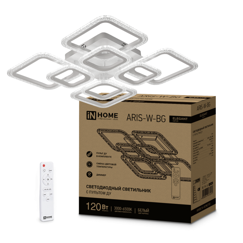 Светильник светодиодный ELEGANT ARIS-W-BG 120Вт 230В 3000-6500K 8400Лм 585х585х115мм пульт ДУ белый IN HOME