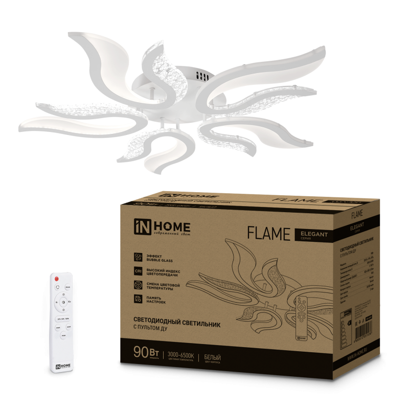 Светильник светодиодный ELEGANT FLAME 90Вт 230В 3000-6500K 7000Лм 820х802х87мм c пультом ДУ белый IN HOME