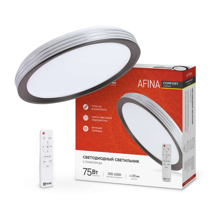 Светильник светодиодный COMFORT AFINA 75Вт 230В 3000-6500K 6000Лм 500x80мм с пультом ДУ IN HOME