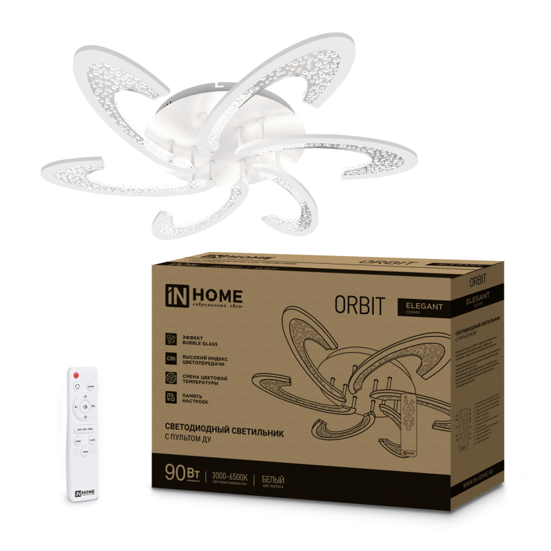 Светильник светодиодный ELEGANT ORBIT 90Вт 230В 3000-6500K 7000Лм 725х635х90мм c пультом ДУ белый IN HOME