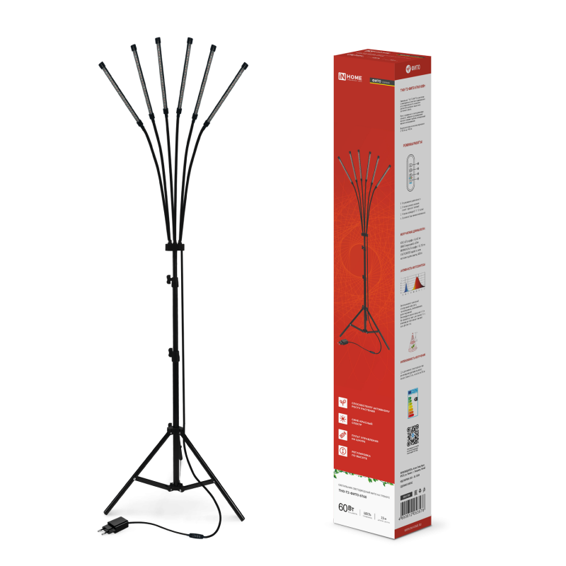 Светильник напольный на треноге светодиодный Т НА-Т2-ФИТЕ 6Т60 60Вт 6 плафонов, пульт на шнуре черный IN HOME