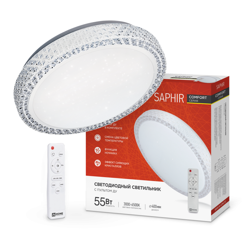 Светильник светодиодный COMFORT SAPHIR 55Вт 230В 3000-6500K 4400Лм 395x105мм с пультом ДУ IN HOME