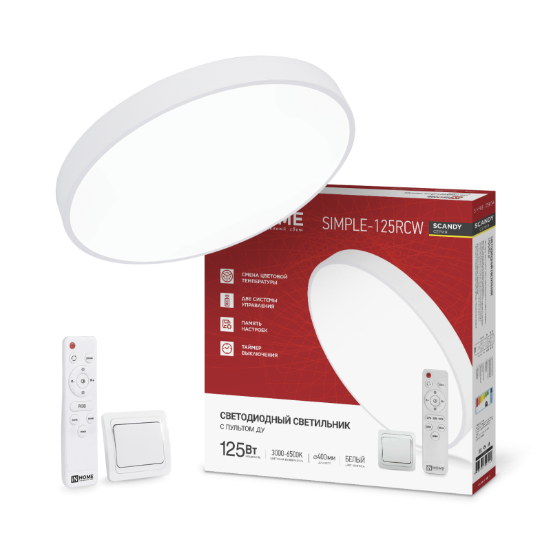 Светильник светодиодный SCANDY SIMPLE-125RCW 125Вт 230В 3000-6500K 10000Лм 400x50мм с пультом ДУ белый IN HOME