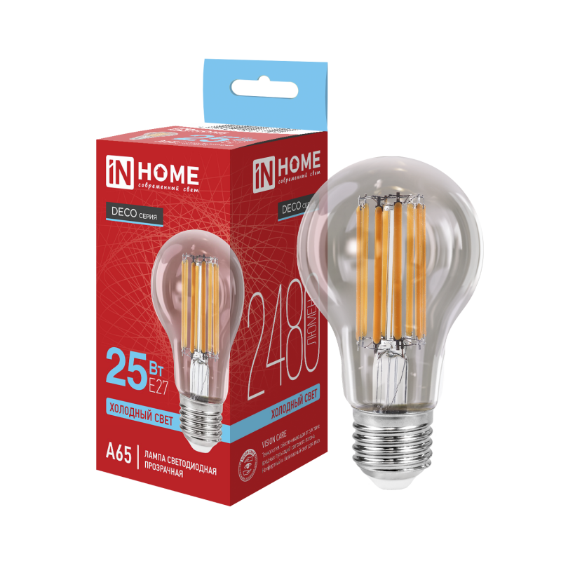 Лампа светодиодная LED-A65-deco 25Вт 230В Е27 6500К 2480Лм прозрачная IN HOME
