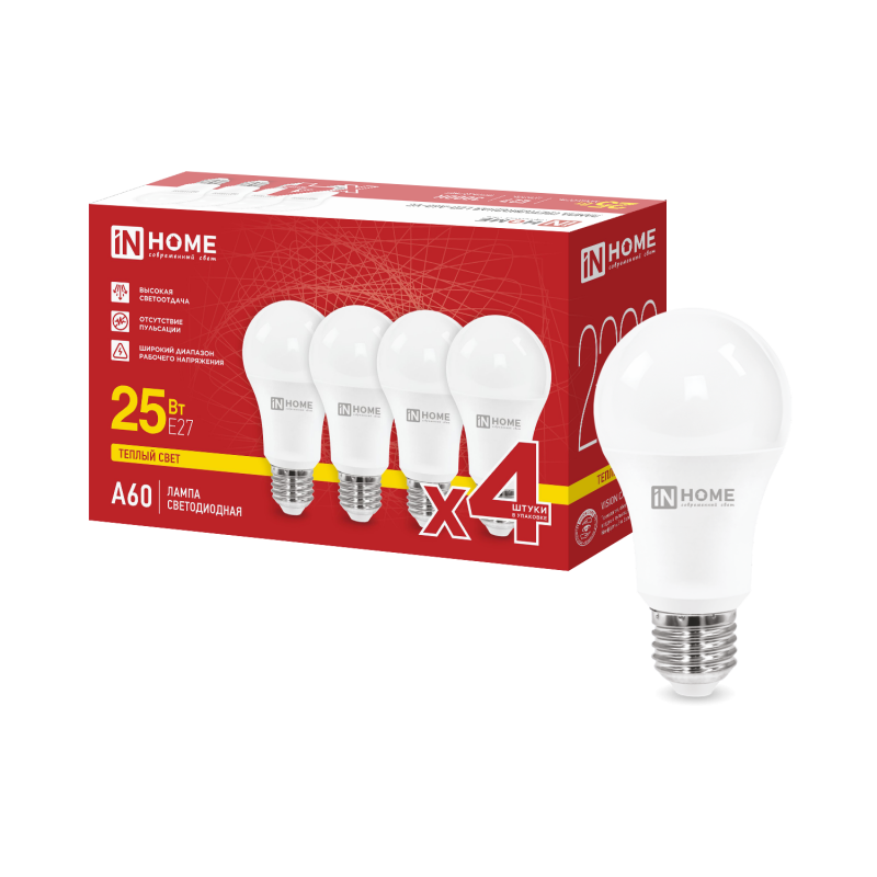 Лампа светодиодная LED-A60-VC 4PACK 25Вт 230В Е27 3000К 2380Лм (4шт./упак) IN HOME