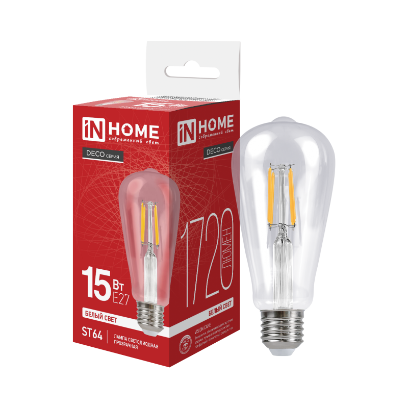 Лампа светодиодная LEDST64deco 15Вт 230В Е27 4000К 1720Лм прозрачная