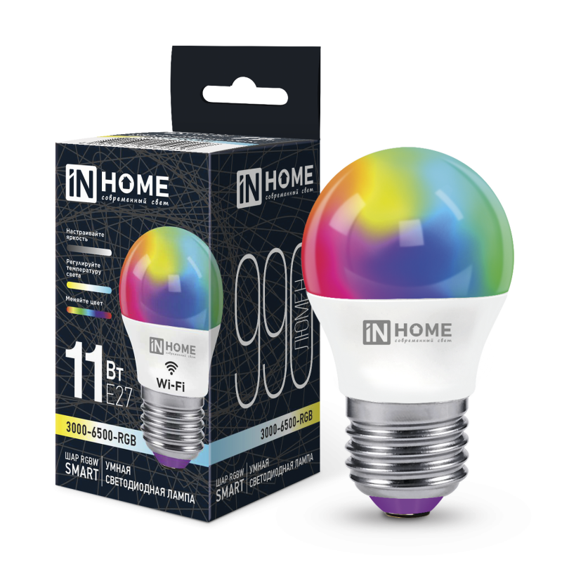 Лампа светодиодная LED-ШАР-RGBW-SMART 11Вт 230В димм. Е27 3000-6500К 990Лм IN HOME