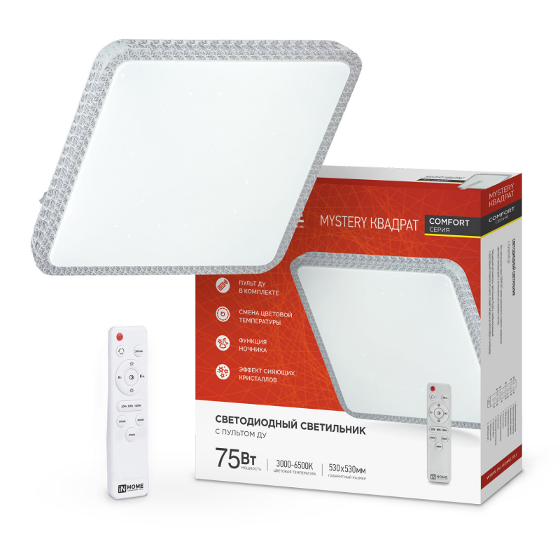 Светильник светодиодный COMFORT MYSTERY КВАДРАТ 75Вт 230В 3000-6500K 6000Лм 550х80мм с пультом ДУ IN HOME