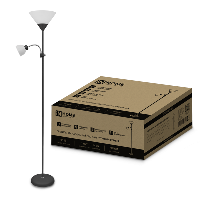 Светильник напольный под лампу ТНО 02-Е27+Е14Ч 230В белый плафон, черный корпус IN HOME